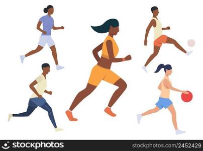 Set of running sport activities. Men and women jogging, playing football or basketball. Sport concept. Vector illustration can be used for topics like activity or ball game. Set of running sport activities. Men and women jogging