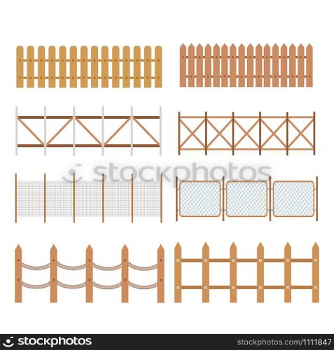 Set of rural wooden fences, pickets vector. White silhouettes fence for garden illustration
