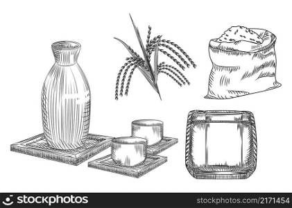 Set of sake. Traditional Japanese rice alcohol drink. Collection of ceramic vase and cup, stalk and rice bag, barrel of sake. Elements for restaurant menu design.Engraving style. Vector illustration.. Set of sake. Traditional Japanese rice alcohol drink. Collection of ceramic vase and cup, stalk and rice bag, barrel of sake.