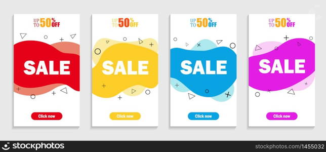 Set of sale abstract banners with modern fluid wave for mobile app. Template of special offer and discount banner sale up to 50. vector illustration. Set of sale abstract banners with modern flat fluid wave for mobile app. Template of special offer and discount banner sale up to 50. vector