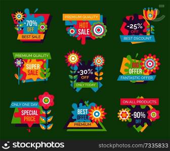 Set of sale advertisement spring sale labels decorated by splashes and flowers, springtime total discounts emblems design with blooming buds vector. Set of Sale Advertisement Spring Flowers Labels