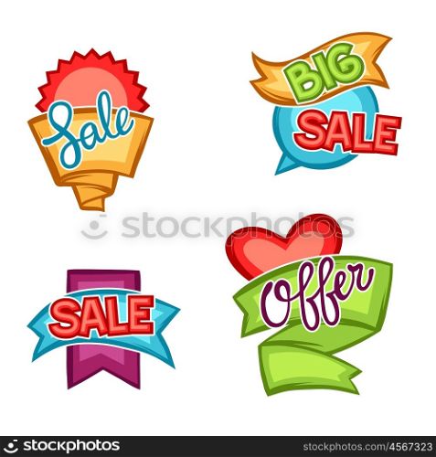 Set of sale banners, tags and labels in cartoon style.