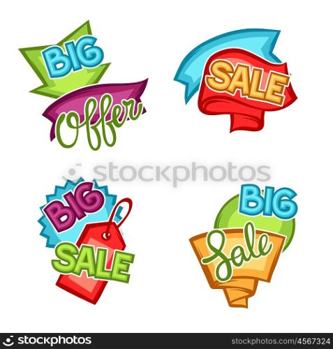 Set of sale banners, tags and labels in cartoon style.