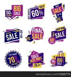 Set of Sale Discount Styled origami Banners, Labels, Tags, Emblems- pink, blue, yellow flat budges