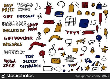 Set of sale objects and inscriptions for promotion banners. Collection promo items and phrases in doodle style isolated on white background. Elements for advertising banners. Vector illustration.
