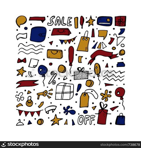 Set of sale objects for promotion banners. Collection promo items in doodle style. Vector illustration.