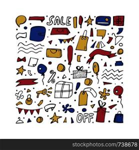 Set of sale objects for promotion banners. Collection promo items in doodle style. Vector illustration.