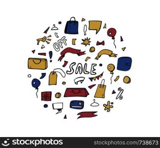 Set of sale objects for promotion banners. Round badge of promo items in doodle style isolated on white background. Vector illustration.