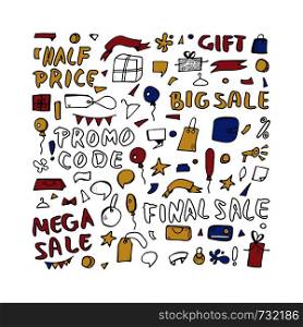 Set of sale phrases and objects for promotion banners. Collection promo items and inscriptions in doodle style. Vector illustration.