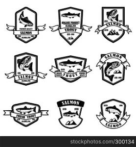 Set of salmon and trout emblems. Design element for logo, label, sign, poster, banner. Vector illustration