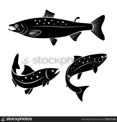 Set of salmon fish isolated on white background. Logo or label design element. Vector illustration.