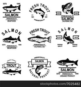 Set of salmon seafood labels. Design element for logo, label, sign, emblem. Vector illustration