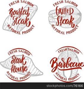 Set of salmon steak emblems on white background. Design elements for logo, label, emblem, sign. Vector illustration