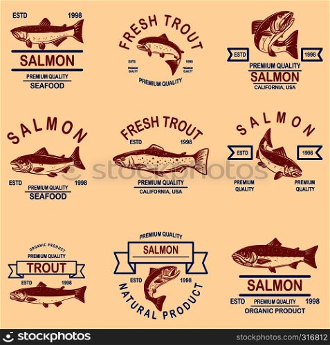 Set of salmon, trout seafood labels. Design element for logo, label, sign, poster, banner. Vector illustration