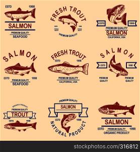Set of salmon, trout seafood labels. Design element for logo, label, sign, poster, banner. Vector illustration