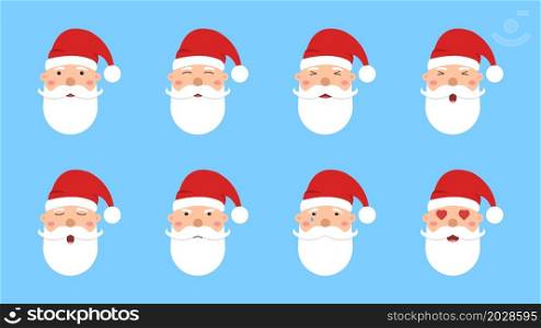 Set of Santa Claus faces. Collection of different emotions of Santa Claus. Christmas and New Year character. Vector. Set of Santa Claus faces. Collection of different emotions of Santa Claus. Christmas and New Year character. Vector illustration
