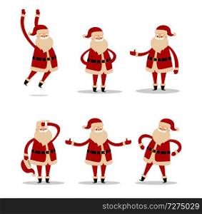 Set of Santa Clauses in different poses vector illustration icons of Saint Nicholas character isolated on white background, Santa&rsquo;s emoticons stickers. Set of Santa Clauses in Different Pose Vector Icon
