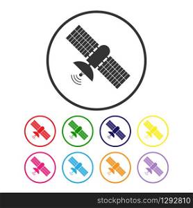 set of satellite Icons with an antenna and solar panels. Simple flat design for logos, apps and websites.