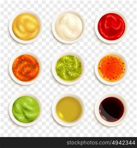 Set Of Sauce Icons. Set of color icons depicting different sauce in plate vector illustration