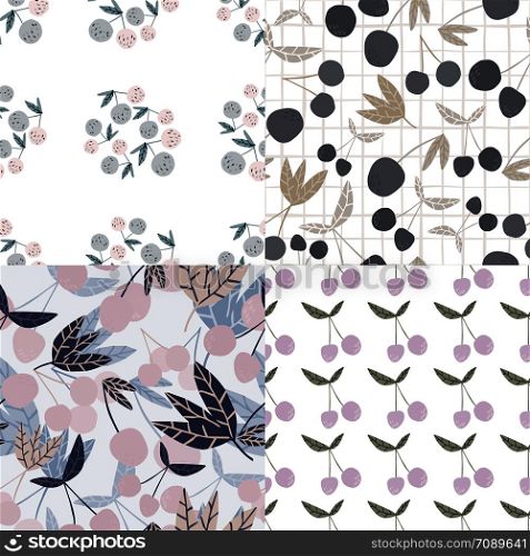 Set of Scandinavian style cherry berries and leaves seamless pattern. Hand drawn cherries wallpaper. Design for fabric, textile print. Summer fruit berry wallpaper. Vector illustration.. Set of Scandinavian style cherry berries and leaves seamless pattern.
