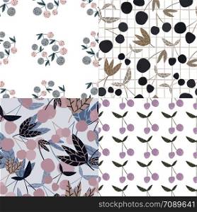 Set of Scandinavian style cherry berries and leaves seamless pattern. Hand drawn cherries wallpaper. Design for fabric, textile print. Summer fruit berry wallpaper. Vector illustration.. Set of Scandinavian style cherry berries and leaves seamless pattern.