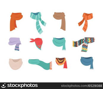 Set of Scarves for Cold Weather to Boys and Girls. Set of scarves for boys and girls in cold weather. Stylish scarves on white background. Clothes for winter and autumn. Blue, red, brown, violet, brown, white and striped scarves. Vector illustration.