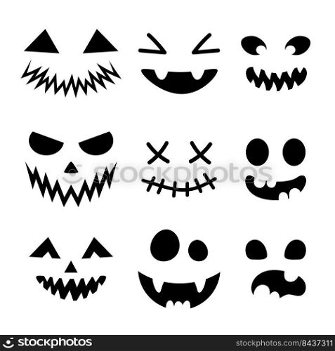 Set of scary and funny faces for Halloween pumpkin or ghost. Jack-o-lantern facial expressions. Simple collection horror faces with evil eyes, teeth and creepy smiles. Isolated vector illustration.