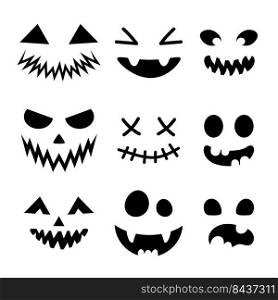 Set of scary and funny faces for Halloween pumpkin or ghost. Jack-o-lantern facial expressions. Simple collection horror faces with evil eyes, teeth and creepy smiles. Isolated vector illustration.