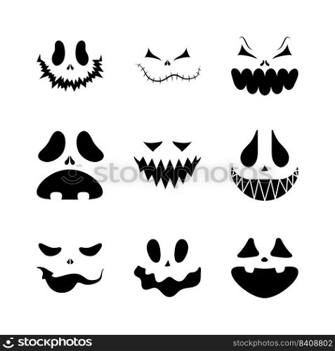 Set of scary smiling faces for Halloween. Vector flat style illustration for design poster, banner, print.. Set of scary smiling faces for Halloween. Vector flat style illustration for design poster, banner, print
