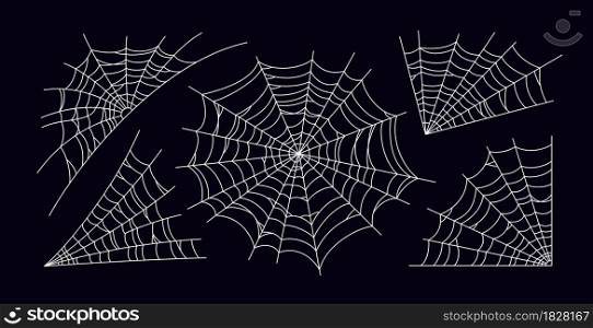 Set of scary spider web. White cobweb silhouette isolated on black background. Hand drawn spider web for Halloween party. Vector illustration.. Set of scary spider web. White cobweb silhouette isolated on black background. Hand drawn spider web for Halloween party. Vector illustration