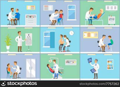 Set of scenes on the topic of study of symptoms and collection of patient data. Physician gives advice on caring for health of people. Doctor examines patient s condition using special equipment. Scenes set on the topic of study of symptoms and collection of patient data, doctor at the reception