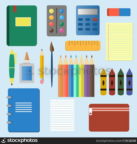 Set of school and education supplies icon vector. Set of school and education supplies icon