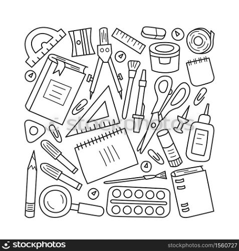 Set of school and office stationery in doodle and cartoon style. Vector illustration on white background. Set of school and office stationery in doodle and cartoon style. Vector illustration