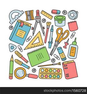 Set of school and office stationery in doodle and cartoon style. Vector illustration on white background. Set of school and office stationery in doodle and cartoon style. Vector illustration