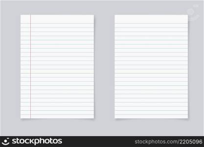 Set of school Blank realistic horizontal lined notebook with shadow. dairy or organizer mockup or template for your text. vector illustration.. Blank realistic vector horizontal lined notebook
