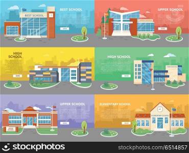Set of School Buildings. Architectural Variations. Set of school buildings in flat design. Architectural variations. Public educational institution. Various modern projects of educational establishments. School facades and yards. Vector illustration