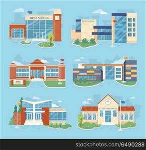 Set of School Buildings Vector Illustrations . Set of school buildings vector illustrations. Flat design. Architectural variations. Public educational institution. Various modern projects of educational establishments. School facades and yards. Set of School Buildings Vector Illustrations