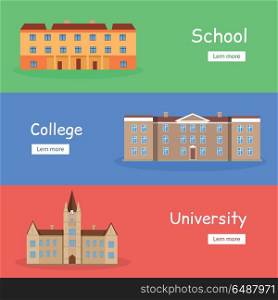 Set of School, College and University Banners. Set of school, college and university banners. Brown building with brown roof. Three-storey building. Building icon. Simple drawing. Vector illustration in flat. Education banner set