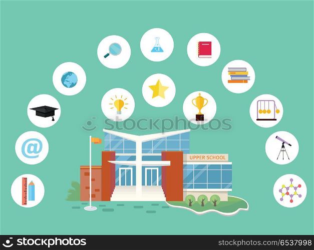 Set of School Icons. Building Book Devices. Vector. Set of school icons. School building, books, magnifier glass, sound, cup, chain, star, ruler, pencil, hat, globe earth flask lamp notebook device internet telescope School life symbols Vector