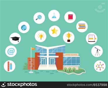 Set of School Icons. Building Book Devices. Vector. Set of school icons. School building, books, magnifier glass, sound, cup, chain, star, ruler, pencil, hat, globe earth flask lamp notebook device internet telescope School life symbols Vector