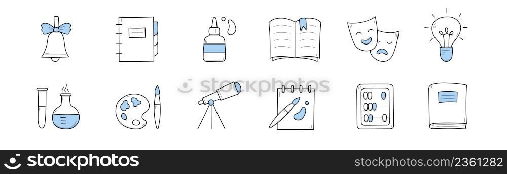 Set of school, science and education doodle icons. Bell, globe, notebook, glue, theatrical mask and chemical beakers, paints, palette, telescope, textbook and abacus Line art vector illustration. Set of school, science and education doodle icons