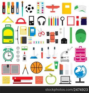 Set of school supplies. Vector illustration. Icons on school theme.