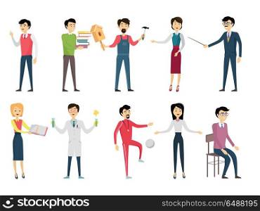 Set of School Teacher Characters. Set of school teacher characters. Smiling teachers in different poses. Teachers of various school subjects. Men and women stand in front. Learning process. Teacher isolated character. School personage
