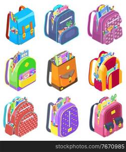 Set of schoolbags for children. Isolated satchel with school supplies. Textbooks and notebooks, ruler and pencils to write. Bags for kids and schoolers. Back to school concept in flat style vector. Bags with School Supplies, Set of Satchels for Kids