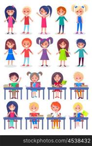Set of Schoolchildren Sitting at Desks Isolated. Set of schoolchildren sitting at desks and standing isolated on white background. Smiling boys and girls ready to answer on questions vector illustrations