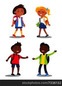 Set of schoolgirls and schoolboys first year pupils with backpacks isolated on white background. Smiling kids in school uniform vector illustrations. Set of Schoolchildren First Year Pupil with Bags