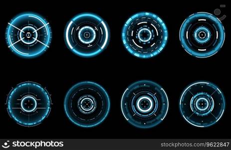 Set of sci fi blue white circle user interface elements technology futuristic design modern creative on black background vector illustration.
