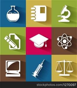Set of science and education flat icons for creative needs. Set of science and education flat icons