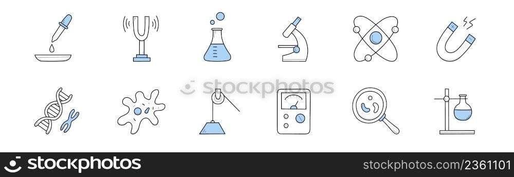Set of science doodle icons, chemical laboratory equipment and scientific physics tools. Pipette, beaker, lab microscope, dna, microorganism cells, magnifying glass, meter Line art vector illustration. Set of science doodle icons, chemical laboratory