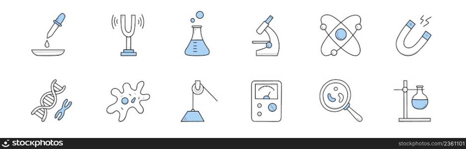 Set of science doodle icons, chemical laboratory equipment and scientific physics tools. Pipette, beaker, lab microscope, dna, microorganism cells, magnifying glass, meter Line art vector illustration. Set of science doodle icons, chemical laboratory